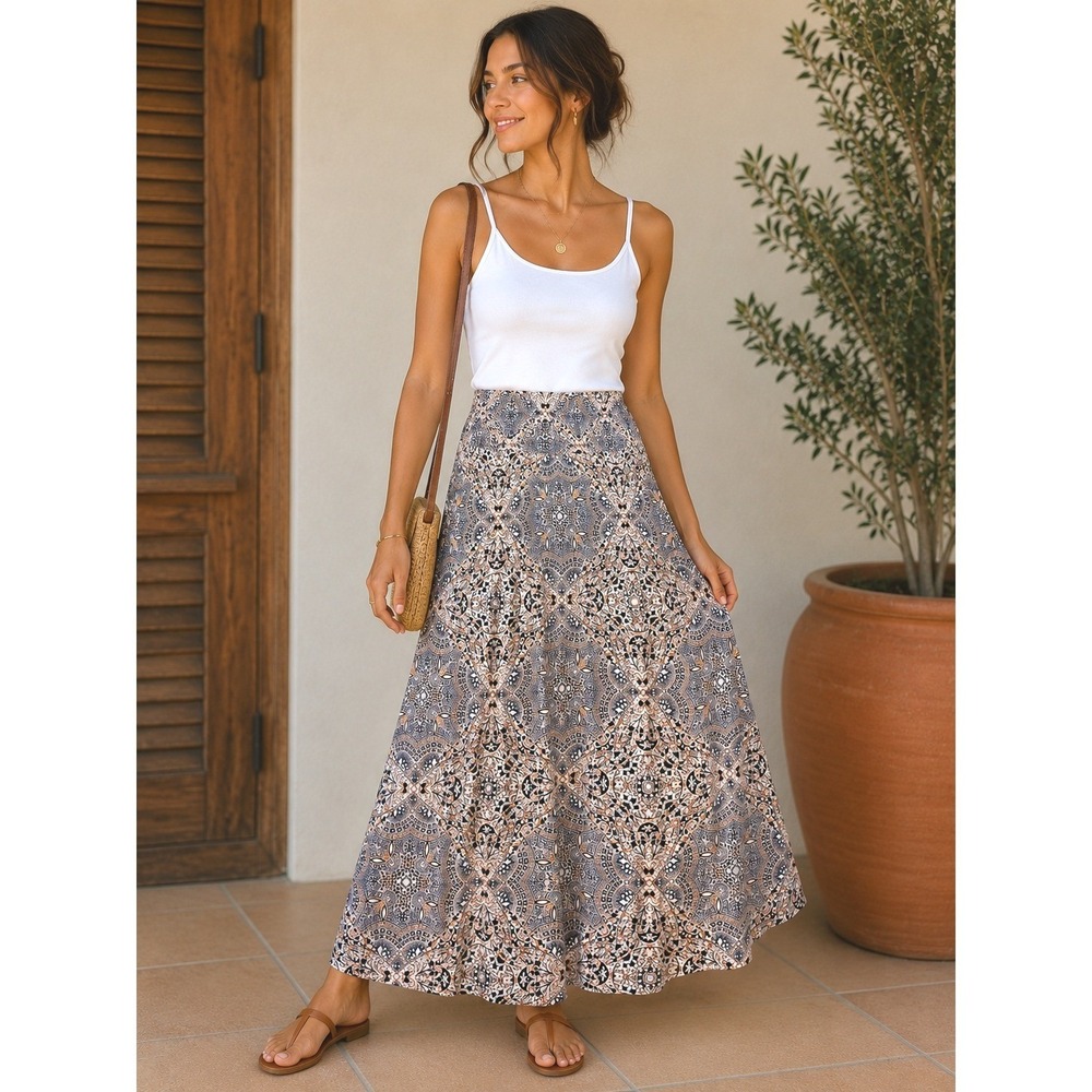 Artisan NY Women Small Navy Blue Yellow Boho Geometric Print Maxi Skirt Foldover